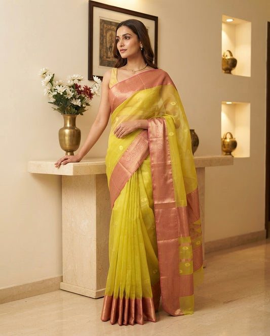 Chanderi Green Tissue with Pink Silk Saree