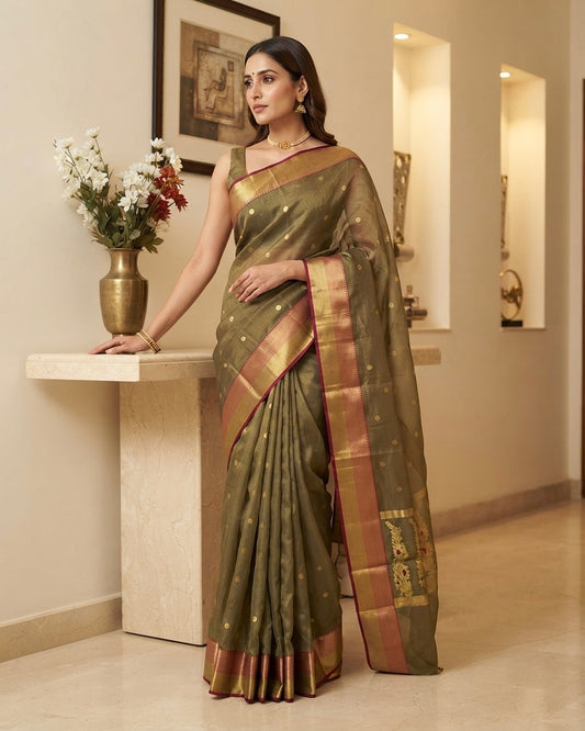 Chanderi Green Tissue with Pink Border Saree