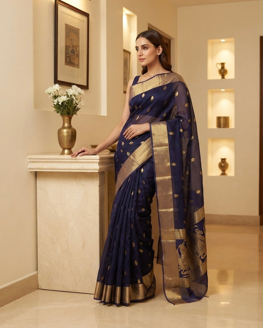 Chanderi Kataan Silk Blue Saree