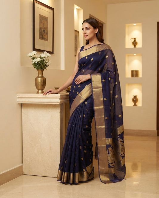 Chanderi Kataan Silk Blue Saree