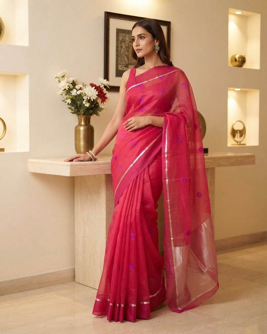 Chanderi Red with Pink Silk Saree