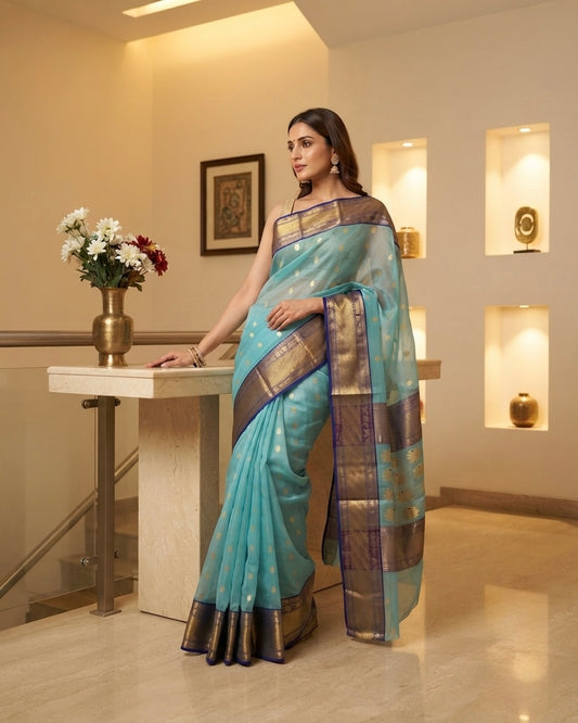 Chanderi Light Blue with Navy Silk Saree