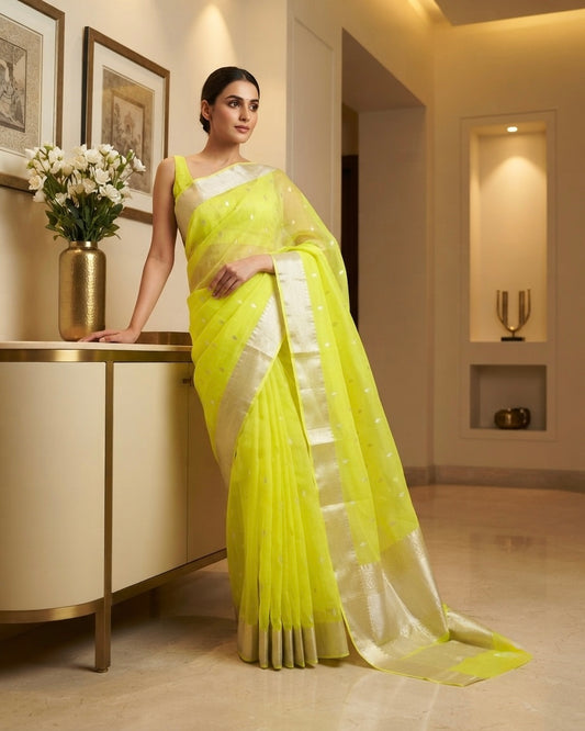 Chanderi Kataan Silk Yellow Floral Saree