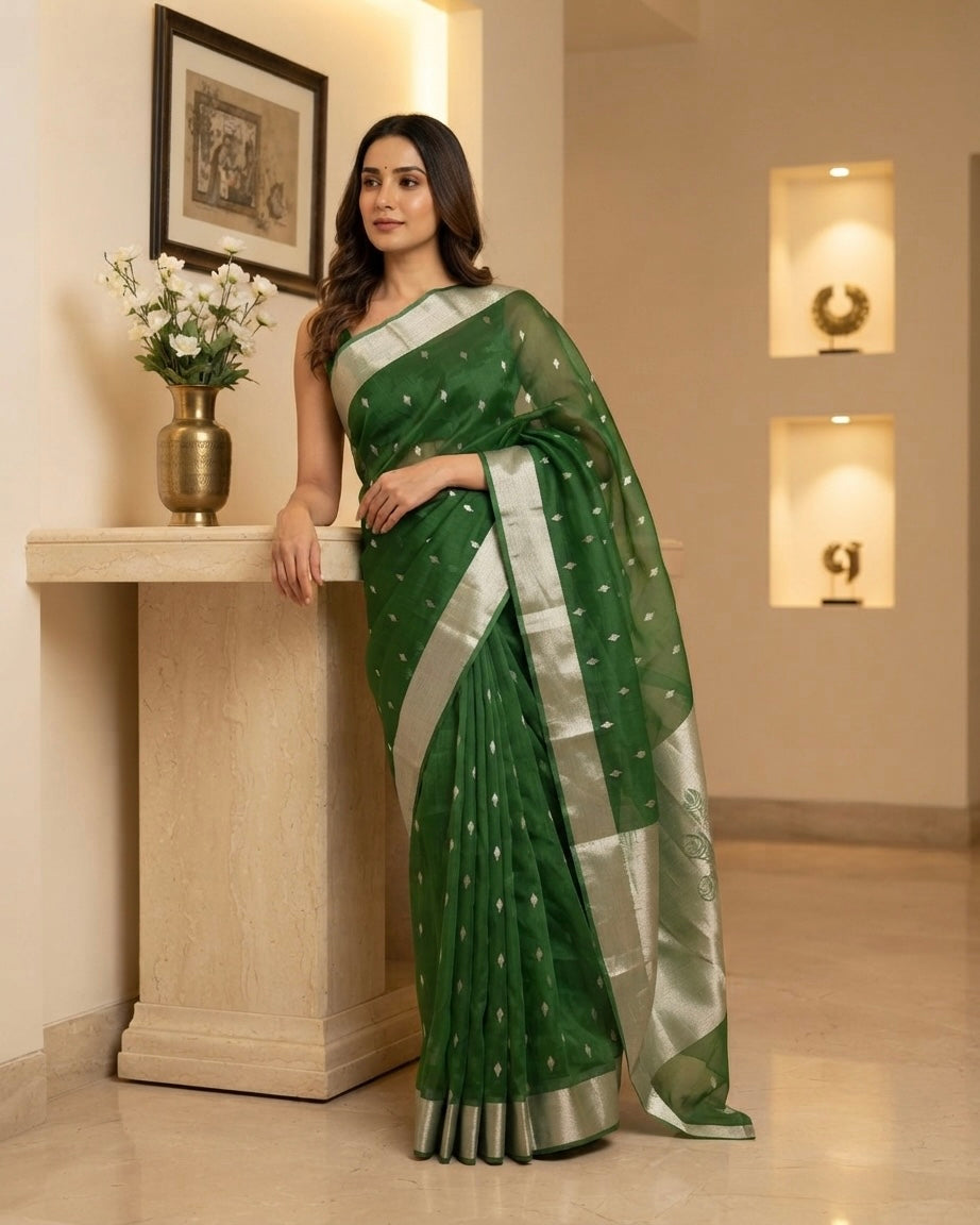 Chanderi Kataan Silk Green-Silver Saree