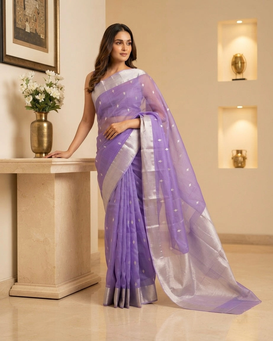 Chanderi Purple Buta Pure Kataan Silk Saree