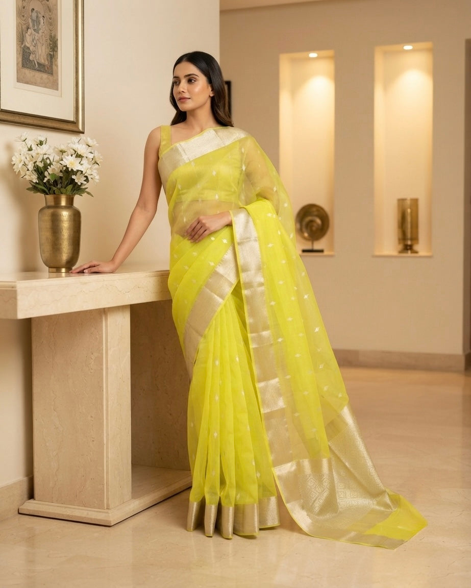 Chanderi Yellow Kataan Silk Saree
