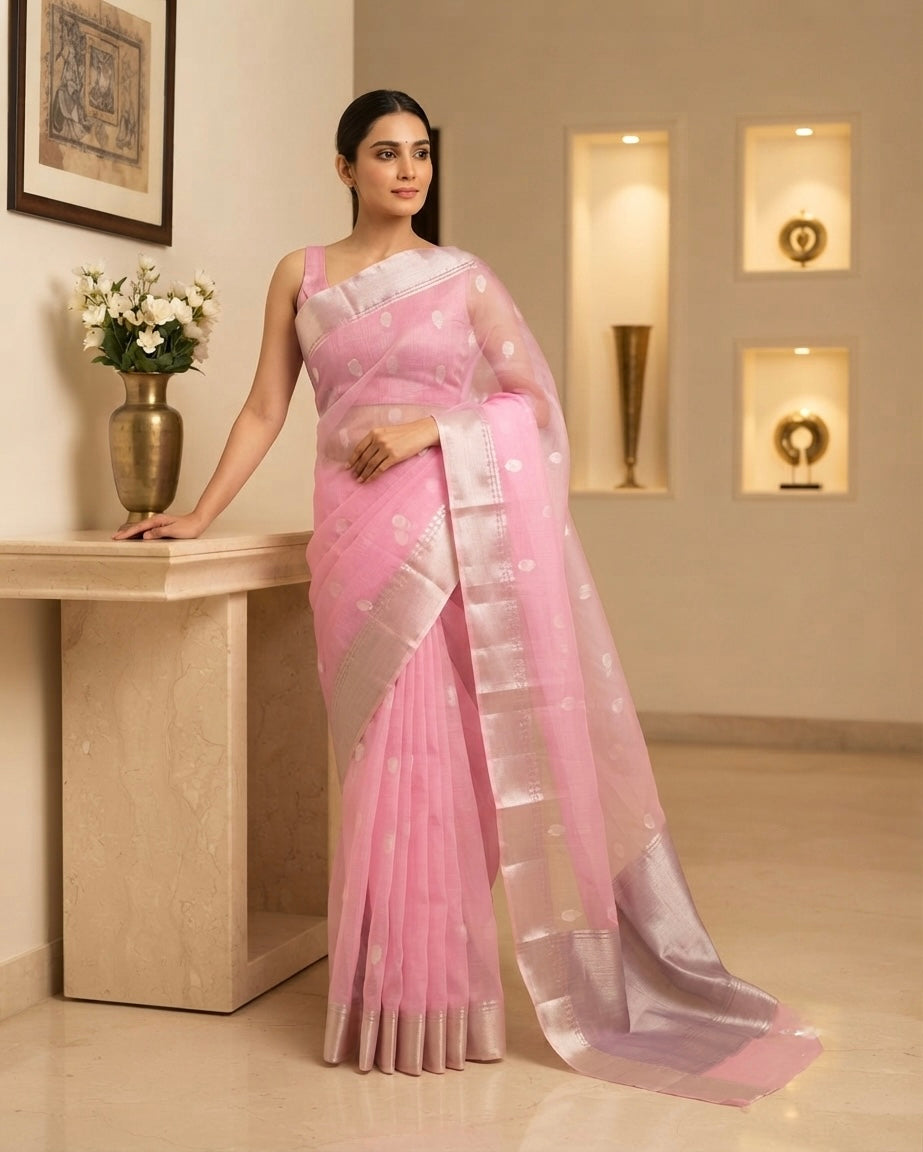 Chanderi Pink with Silver Buta Kataan Silk Saree