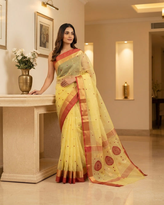 Chanderi Lemon with Red Kataan Silk Saree