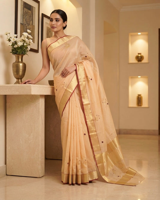 Chanderi Silk Mina Kari Peach Saree