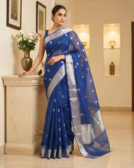 Chanderi Mercerised Silk Blue Floral Saree