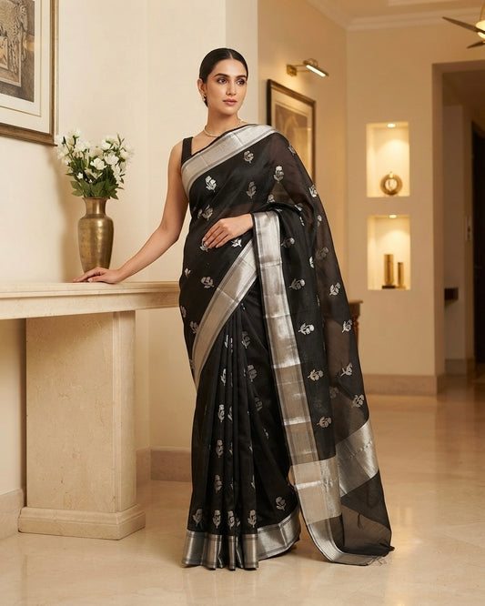 Chanderi Black Kataan Silk Saree