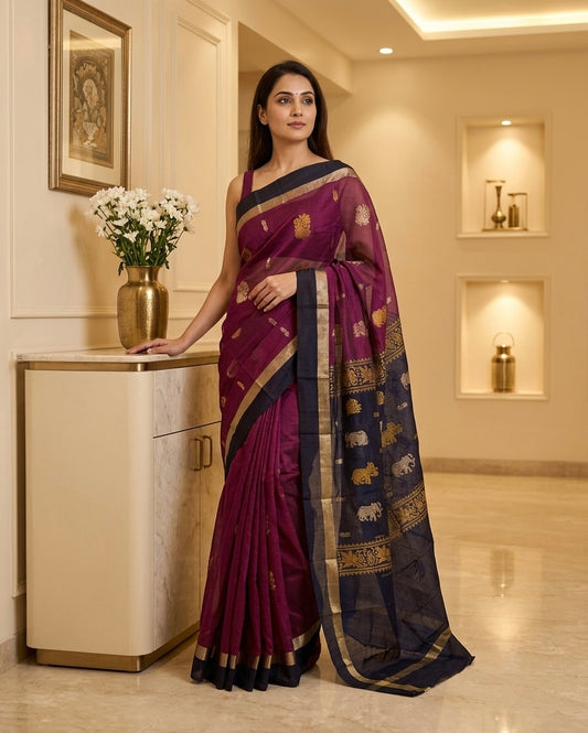 Wine & Blue Cotton Saree
