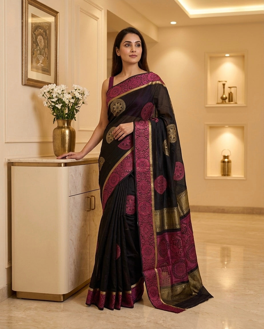Black with Pink Kanchi Cotton Saree