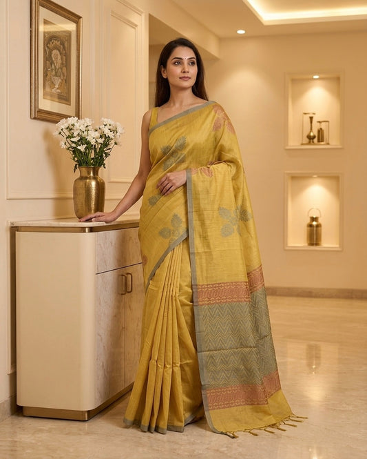 Mustard yellow Kora Cotton Saree