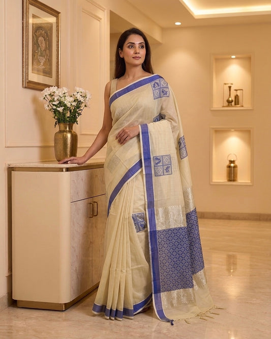 Beige & Blue Kanchi Cotton Saree
