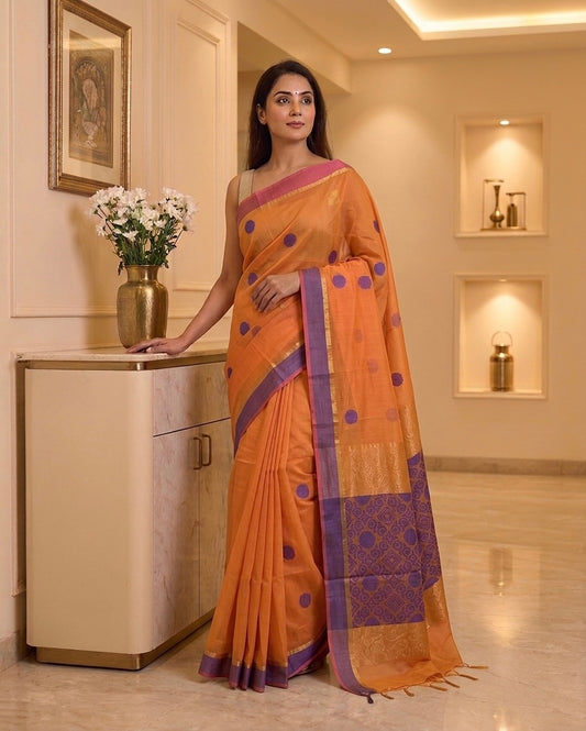 Orange with Purple Cotton Saree
