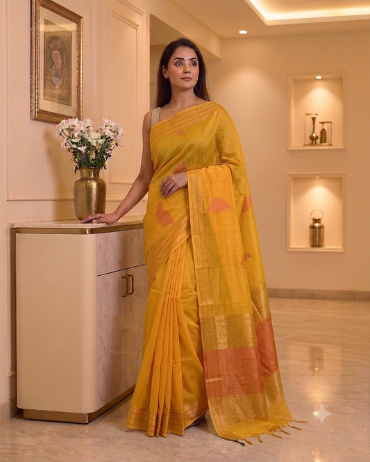 Golden Yellow Kora Cotton Saree