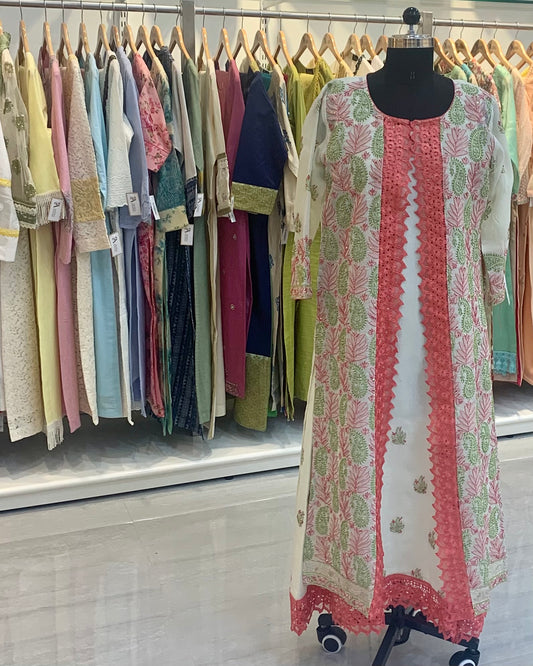 Pink & Green Long Chikankari Jacket Kurta