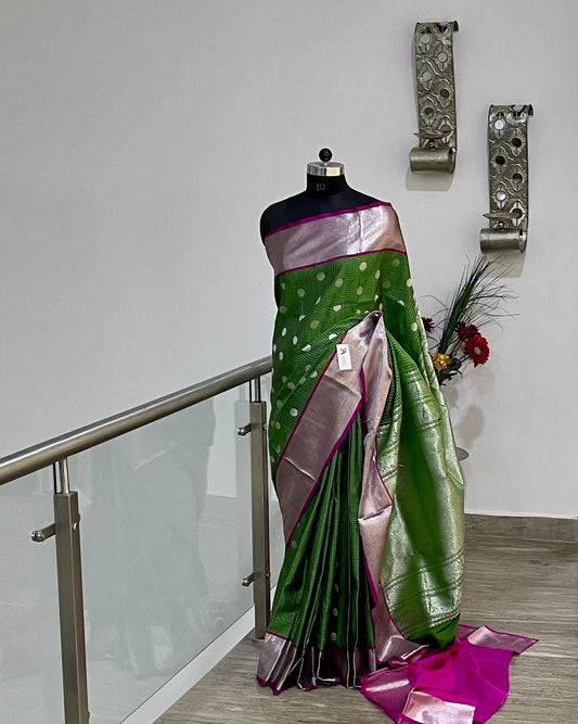 Venkatgiri Green Checks Pure Silk Saree