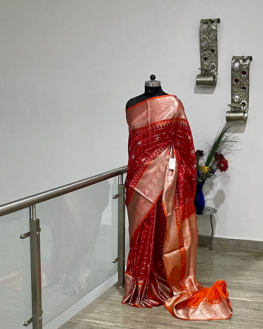 Venkatgiri Red Checks Pure silk Saree