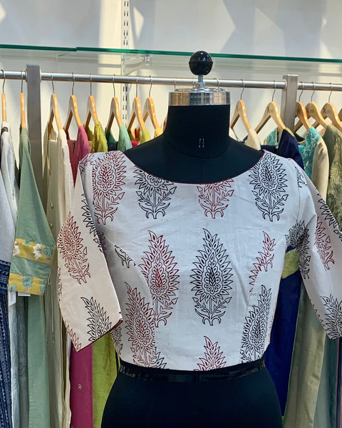 Beige Block Print Readymade Blouse