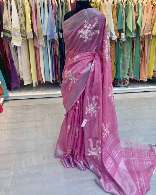 Pink Buti Embroidery Linen Saree