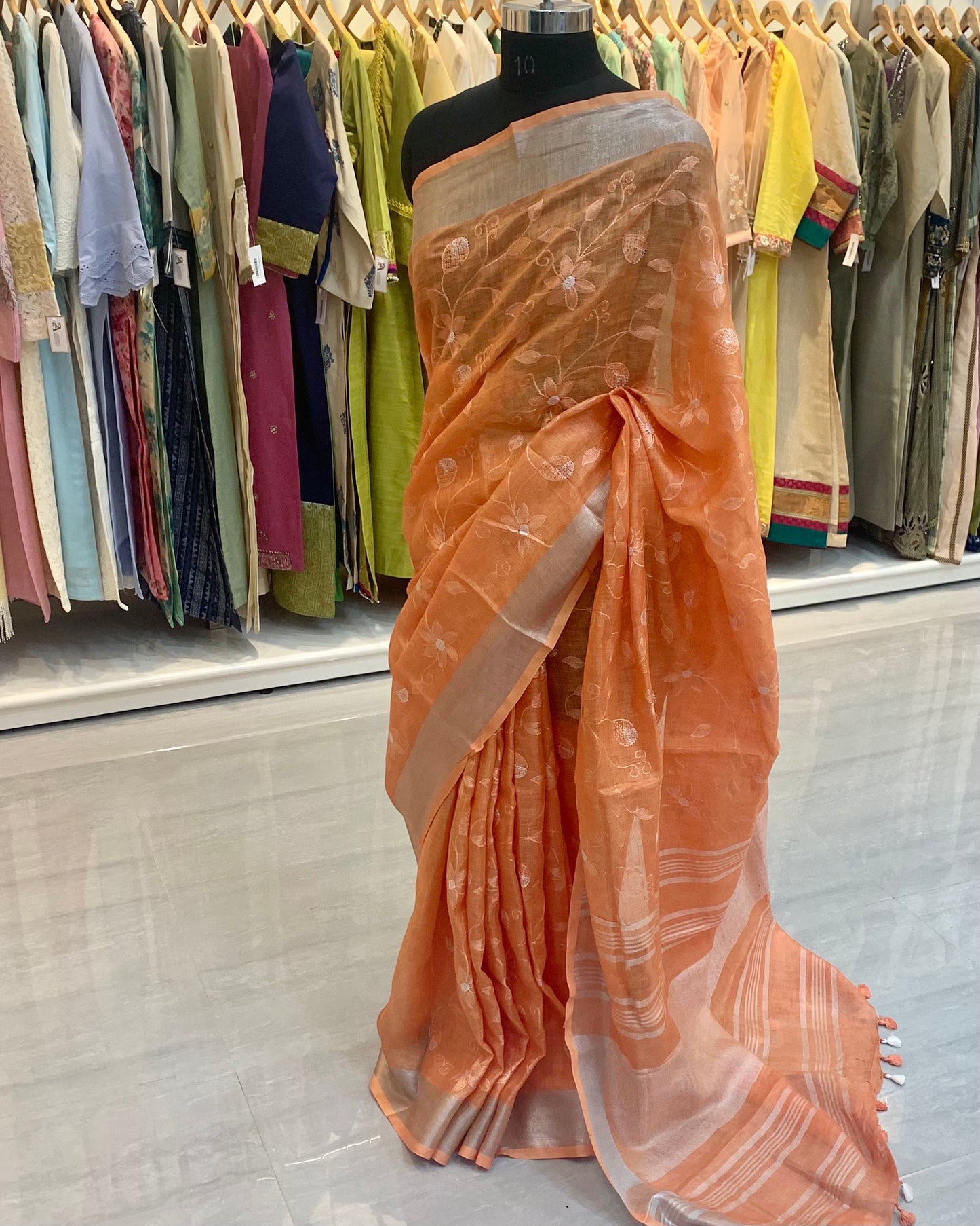 Embroidered Linen Orange Saree