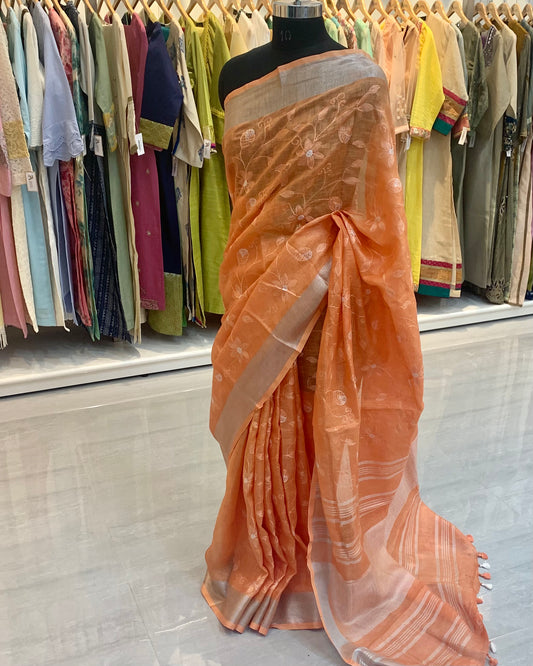 Embroidered Linen Orange Saree
