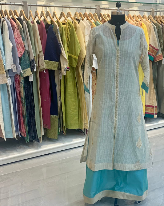 Beige Chanderi Long Readymade Kurta + Sea Green Slip