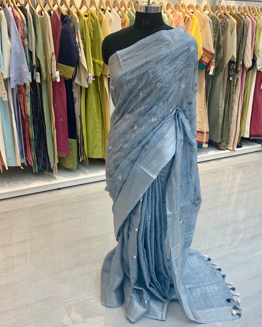 Embroidered Linen Grey Saree