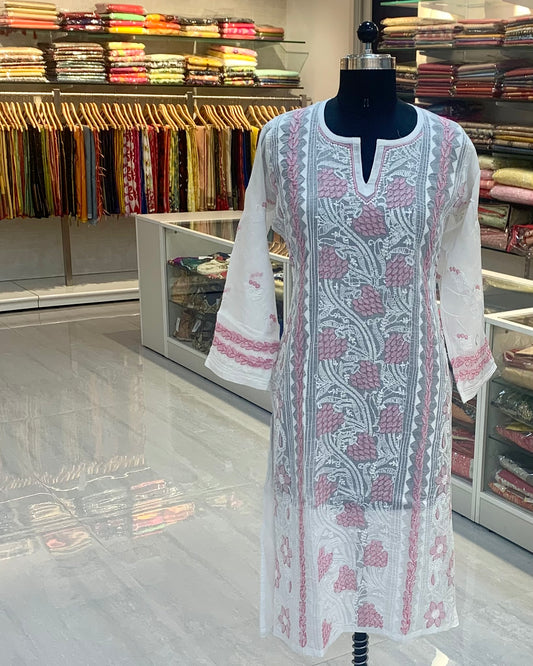 White & Pink Chikankari Kurta