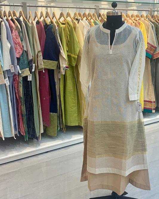 Off white Kota Kurta with Pearl Sleeves