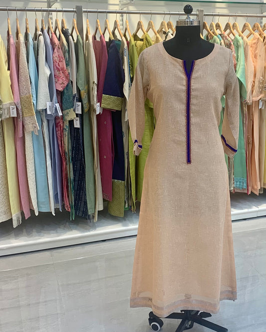 Peach linen Readymade Long kurta Blue lace