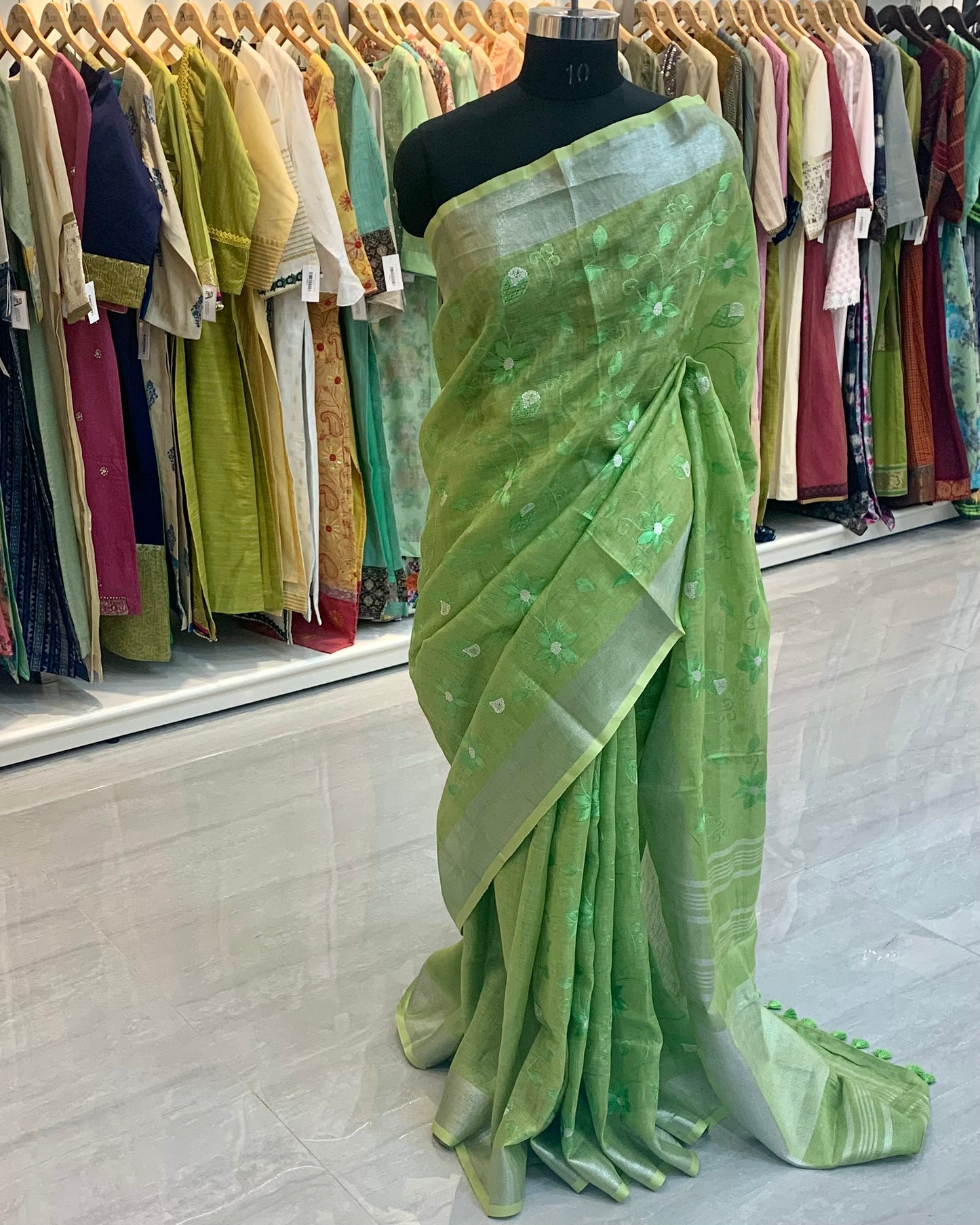 Embroidered Linen Green Saree