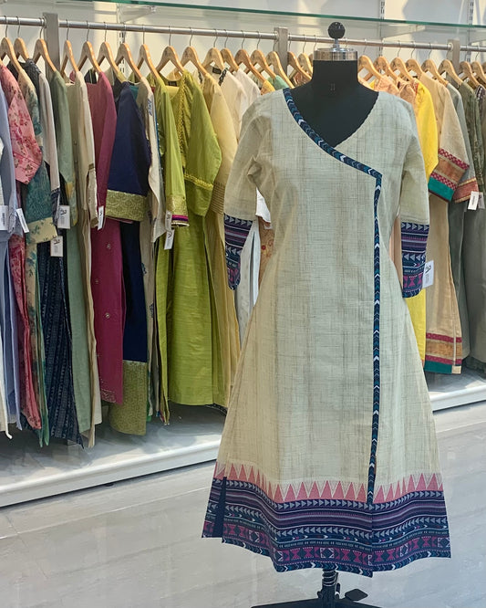 Beige Cotton Blue Angarakha Readymade Kurta