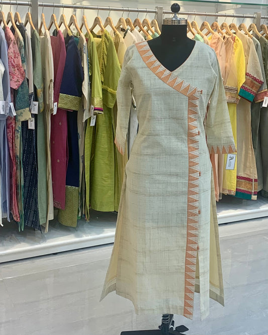 Beige Readymade Long Angarakha Kurta with Orange Potli