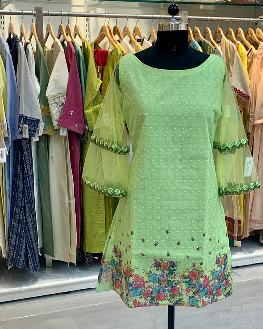 Green Hakoba kurta Net Umbrella sleeves