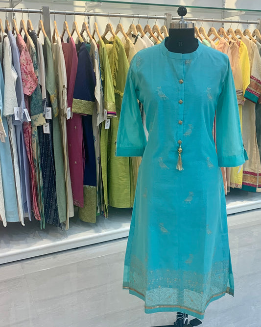 Sea Blue Chanderi Long Readymade kurta