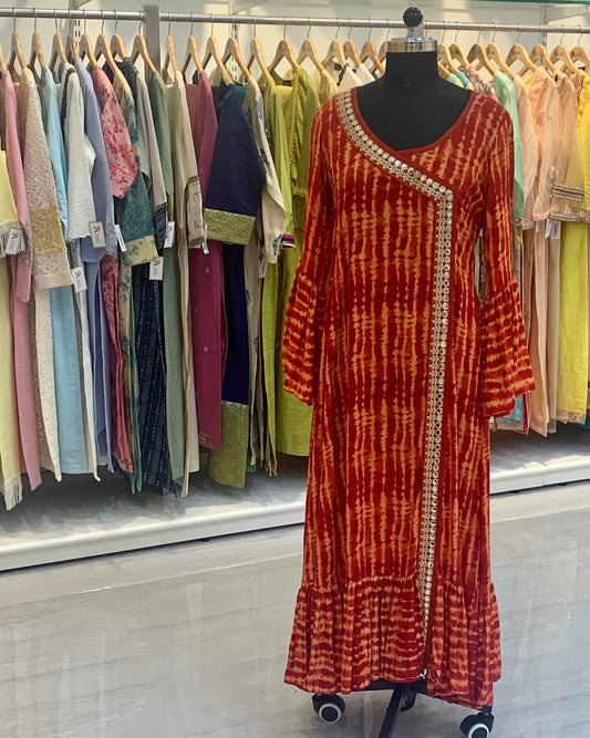 Orange & Red Shibori Angrakha Readymade Kurta