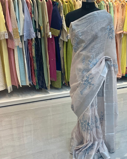 Peach Buti Embroidery Linen Saree