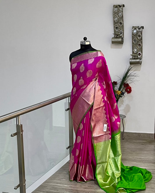 Venkatgiri Pink and Green Pure Silk saree